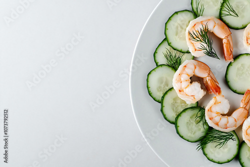 delicious shrimp appetizers arranged on thin cucumber rounds, garnished with fresh dill sprigs photo