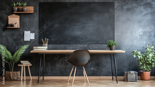 Minimalist workspace with a large chalkboard, wooden desk, and a black chair.