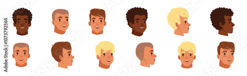 Man Smiling Face Head with Different Hairstyle Vector Set