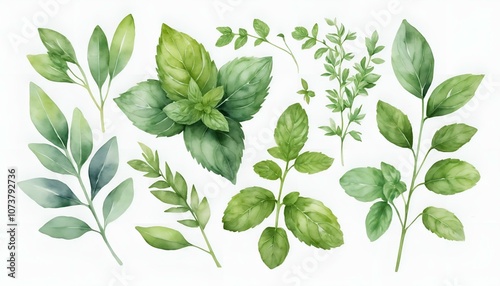 Collection of watercolor green leaves and herbs, botanical illustration on a white background 