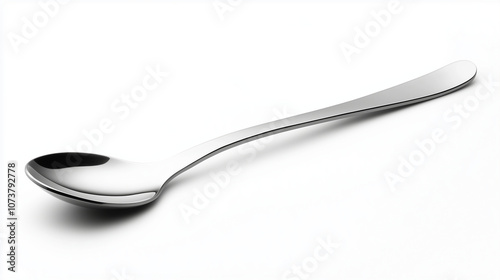 A stainless steel spoon with a smooth finish, placed diagonally on a white background