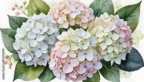 Hydrangea flowers watercolor illustration with green leaves on white background