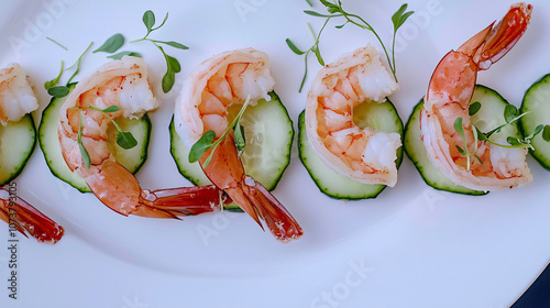 jumbo shrimp appetizers on cucumber slices across a white plate photo