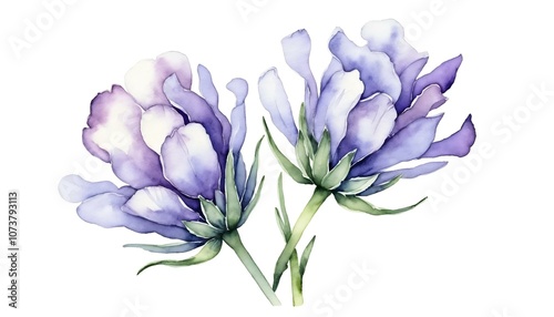 Two delicate purple flowers in watercolor style on white background for copy space
