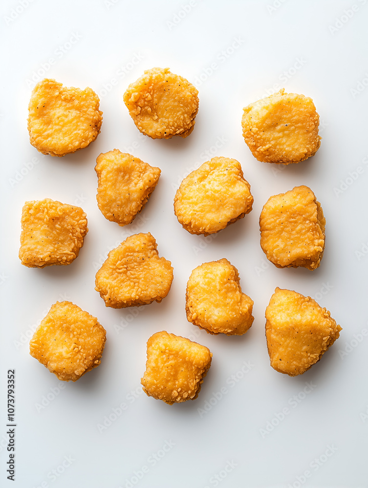 top down view of fried chicken nuggets evenly distributed on white background