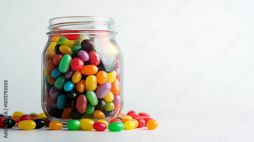 A transparent glass jar filled with colorful jelly beans, on a white background A transparent glass jar filled with colorful jelly beans, on a white background