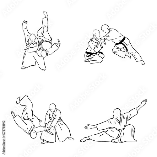 Aikido combat between athletes, stylized vector illustration