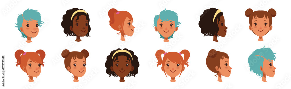 Teen Girl Smiling Face Head with Different Hairstyle Vector Set Teen Girl Smiling Face Head with Different Hairstyle Vector Set