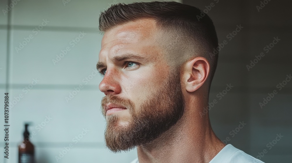 Obraz premium A close-up portrait of a man with a well-groomed beard and stylish haircut, conveying confidence and masculinity, Ideal for use in grooming articles, lifestyle blogs, and promotional materials,