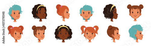 Teen Girl Smiling Face Head with Different Hairstyle Vector Set