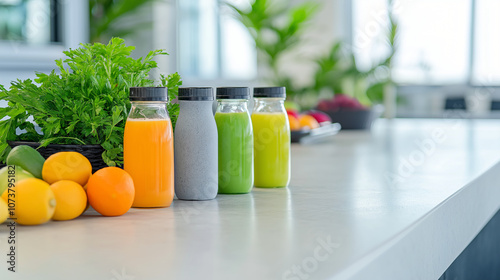 Colorful Bottled Juices with Fresh Fruits and Vegetables on Counter