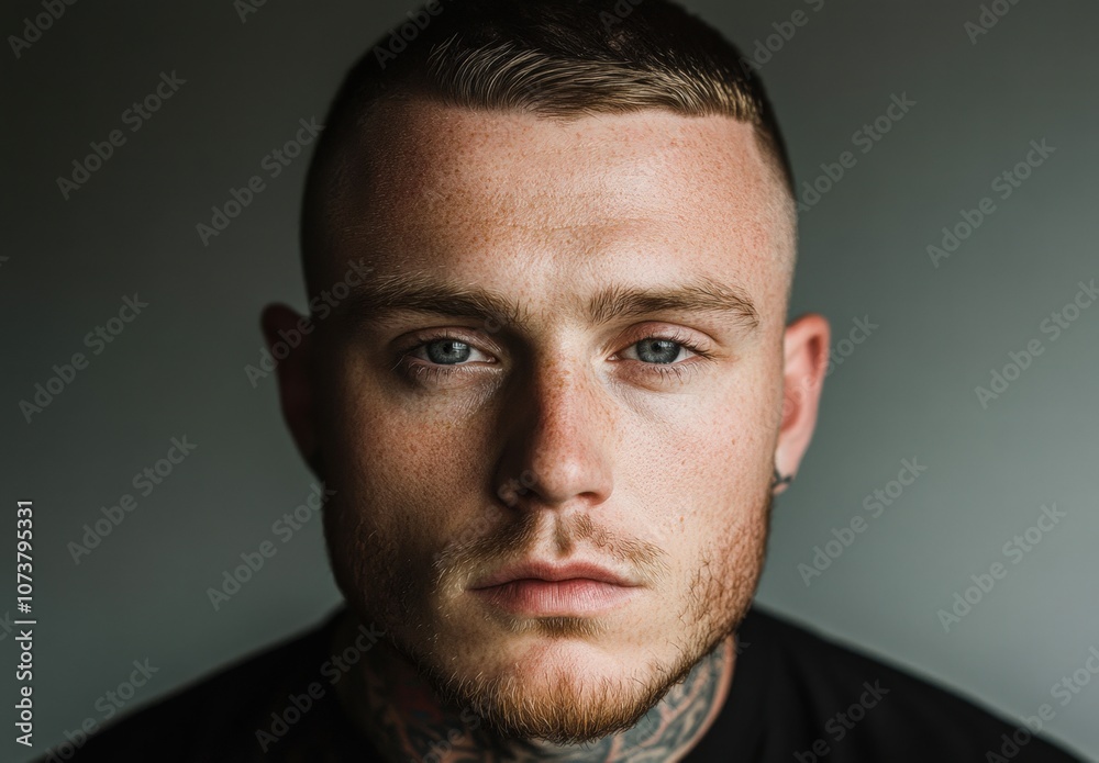 A close-up shot of a serious-looking young man with tattoos, highlighting his facial features and intense gaze, This image can be used in articles about personal identity, masculinity A close-up shot of a serious-looking young man with tattoos, highlighting his facial features and intense gaze, This image can be used in articles about personal identity, masculinity