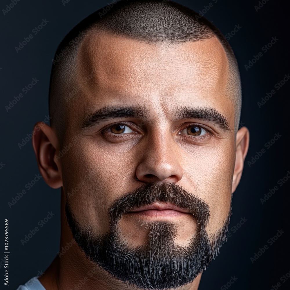 Obraz premium A close-up portrait of a man with a well-groomed beard and intense expression, emphasizing facial features and skin texture, suitable for personal branding, lifestyle blogs, or male grooming content,