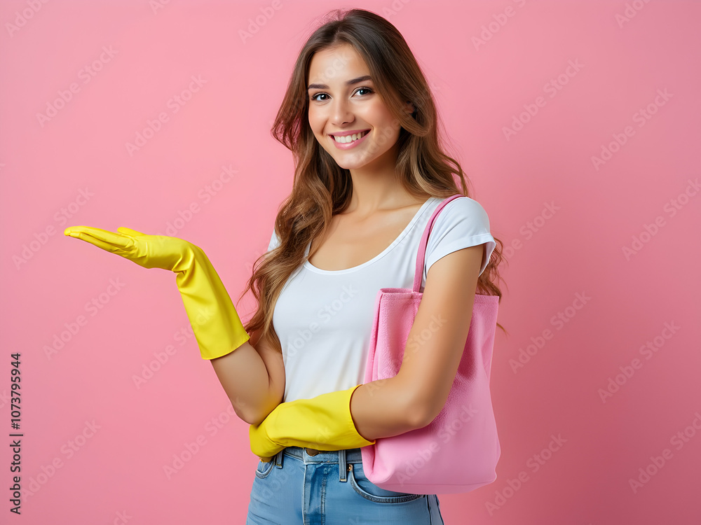 Stylish and Ready: Smiling Woman in Yellow Gloves with Pink Bag Against a Pink Background Stylish and Ready: Smiling Woman in Yellow Gloves with Pink Bag Against a Pink Background