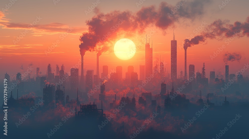 Urban Skyline with Pollution and Smoke at Sunset Urban Skyline with Pollution and Smoke at Sunset