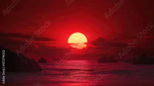 A fiery sunset over the ocean with a large, round sun casting an intense red glow on the water and the clouds.