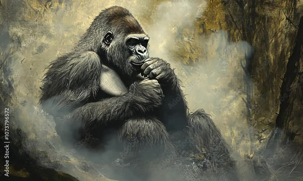 Majestic Gorilla in Misty Jungle Gathering Its Thoughts in Solitude and Serenity