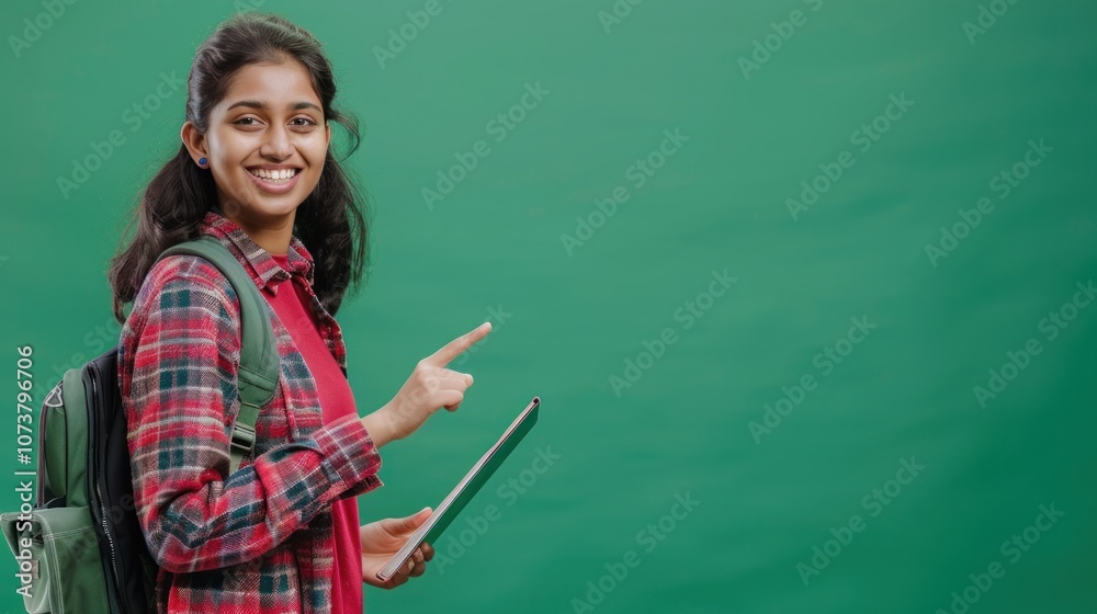 Indian woman student, smiling and pointing her finger towards an empty space, standing against a vibrant green background Indian woman student, smiling and pointing her finger towards an empty space, standing against a vibrant green background