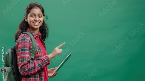 Indian woman student, smiling and pointing her finger towards an empty space, standing against a vibrant green background