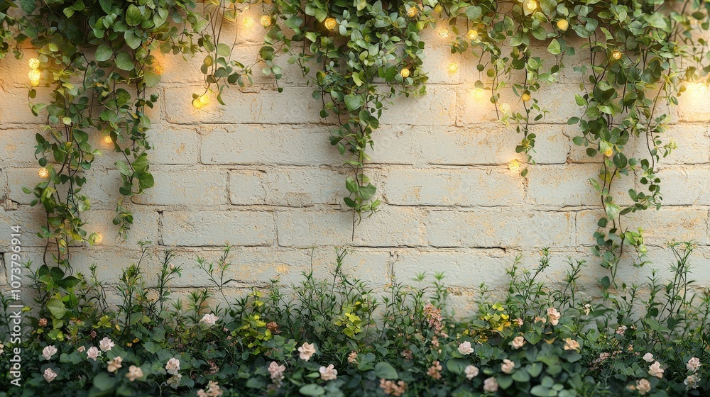 A serene wall adorned with greenery and soft lights, creating a calming atmosphere. A serene wall adorned with greenery and soft lights, creating a calming atmosphere.