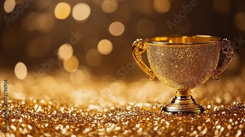 A golden trophy on a bed of shimmering glitter.