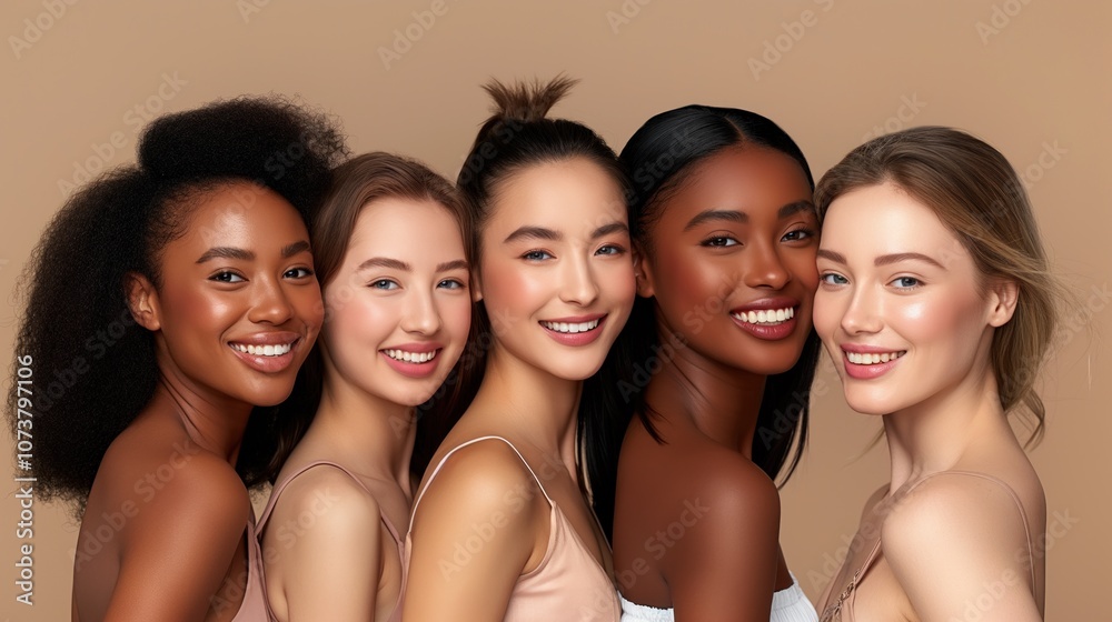 multi-ethnic, beautiful women with different skin tones standing together and smiling, showcasing diversity, skin care or beauty products multi-ethnic, beautiful women with different skin tones standing together and smiling, showcasing diversity, skin care or beauty products