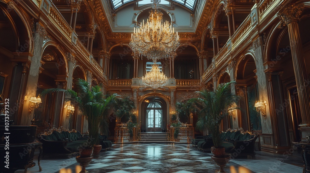 Obraz premium Grand, opulent interior of a palatial home with gold accents, a large chandelier, and marble floors.