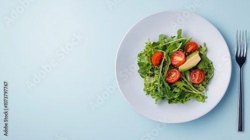 Fresh and Clean Low Calorie Portion of Greens and Cherry Tomatoes on a Plate Against a Soft Blue Background for Healthy Eating Inspiration