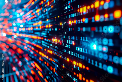 This digital artwork showcases a futuristic network of interconnected red and blue nodes  symbolizing data flow and connectivity against a cosmic background