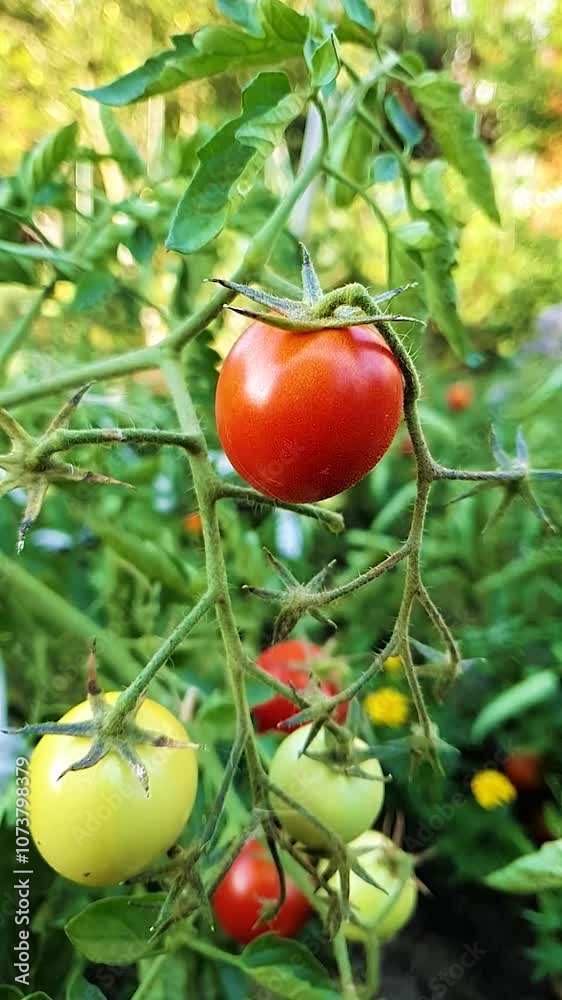 Ripe and unripe cherry tomatoes on the branch. Vertical slow motion video of Fresh red ripe tomatoes in the garden. Organic farming, vegetable garden. Tomato harvest. Gardening concept. Ripe and unripe cherry tomatoes on the branch. Vertical slow motion video of Fresh red ripe tomatoes in the garden. Organic farming, vegetable garden. Tomato harvest. Gardening concept.