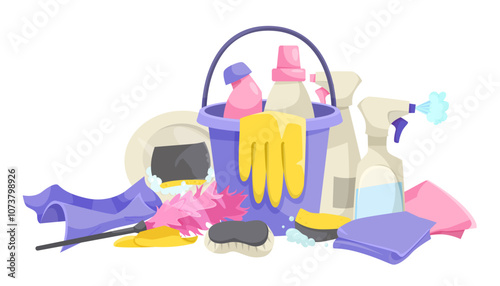 A collection of cleaning supplies, including sprays and sponges, on white background. Vector illustration