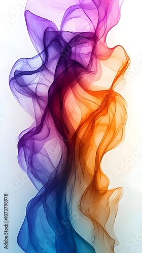 A vibrant flow of colorful wisps in shades of purple, orange, and pink, creating an ethereal and dynamic visual effect on a soft white background.