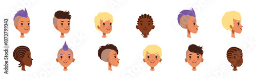 Teen Boy Smiling Face Head with Different Hairstyle Vector Set