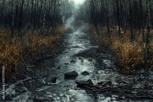 Mysterious burnt forest stream with smoke and flames in misty atmosphere