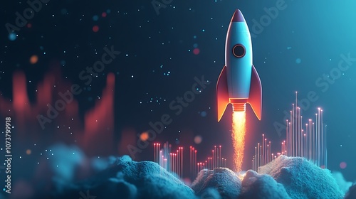 A rocket ship with business graph bar chart, Rocket business graph background