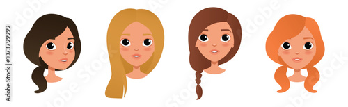 Woman Smiling Face Head with Different Hairstyle Vector Set
