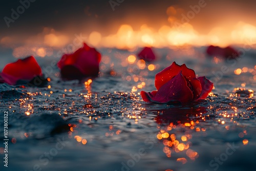 Captivating red roses floating on water with sparkling bokeh at sunset