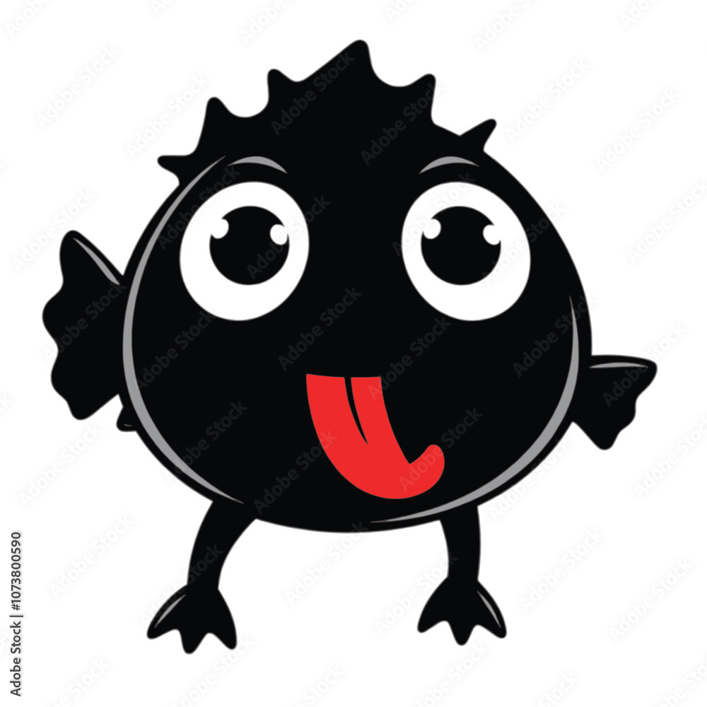 a cartoon illustration of a black pufferfish with big, round eyes and a red tongue sticking out a cartoon illustration of a black pufferfish with big, round eyes and a red tongue sticking out