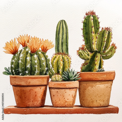 Whimsical watercolor cacti and succulents, desert plants in terracotta pots