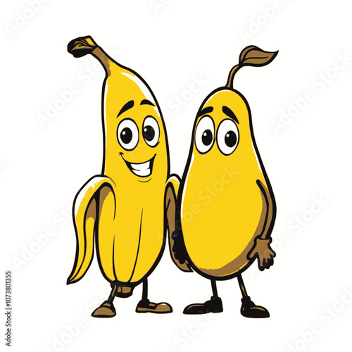 A funny cartoon banana and mango character standing side by side in a playful pose