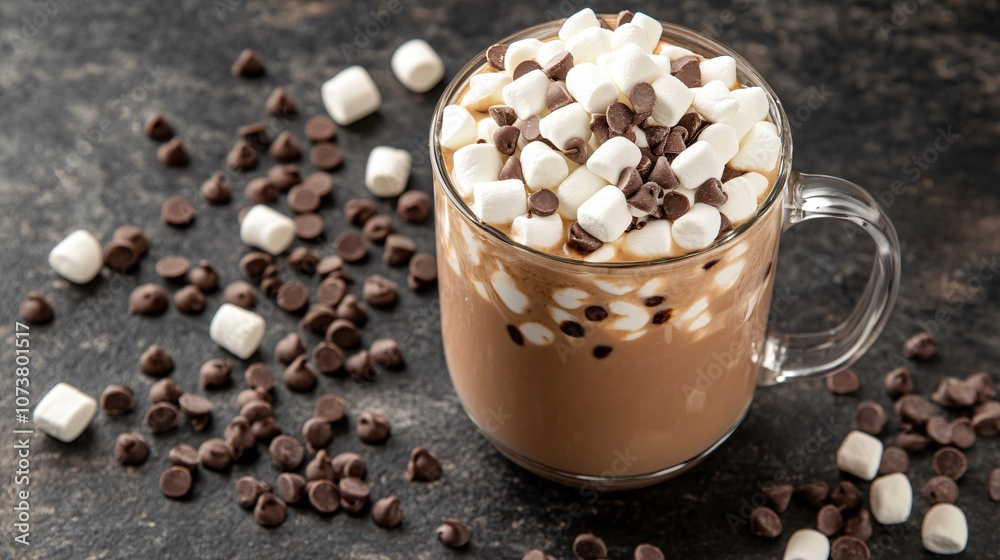 Classic homemade hot chocolate in a clear glass, topped with marshmallows and chocolate chips, on a dark slate background Classic homemade hot chocolate in a clear glass, topped with marshmallows and chocolate chips, on a dark slate background