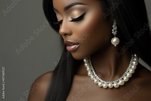 A beautiful Black woman with long  straight hair  wearing an elegant necklace and earrings made of white pearls. photo