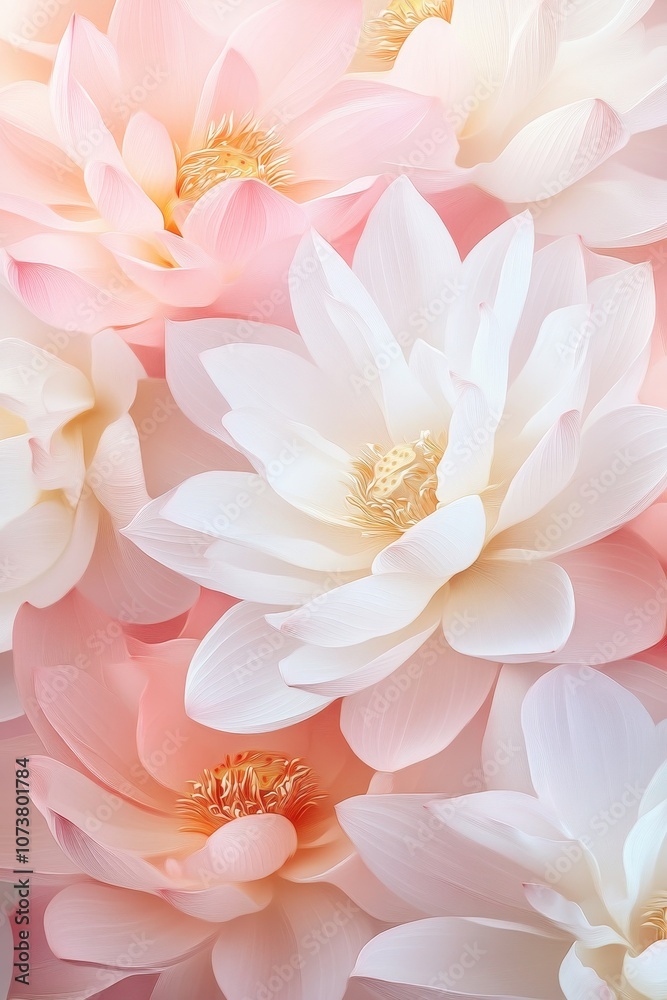 A serene close-up of soft pink and white lotus flowers, showcasing delicate petals and golden centers against a dreamy, pastel backdrop. A serene close-up of soft pink and white lotus flowers, showcasing delicate petals and golden centers against a dreamy, pastel backdrop.