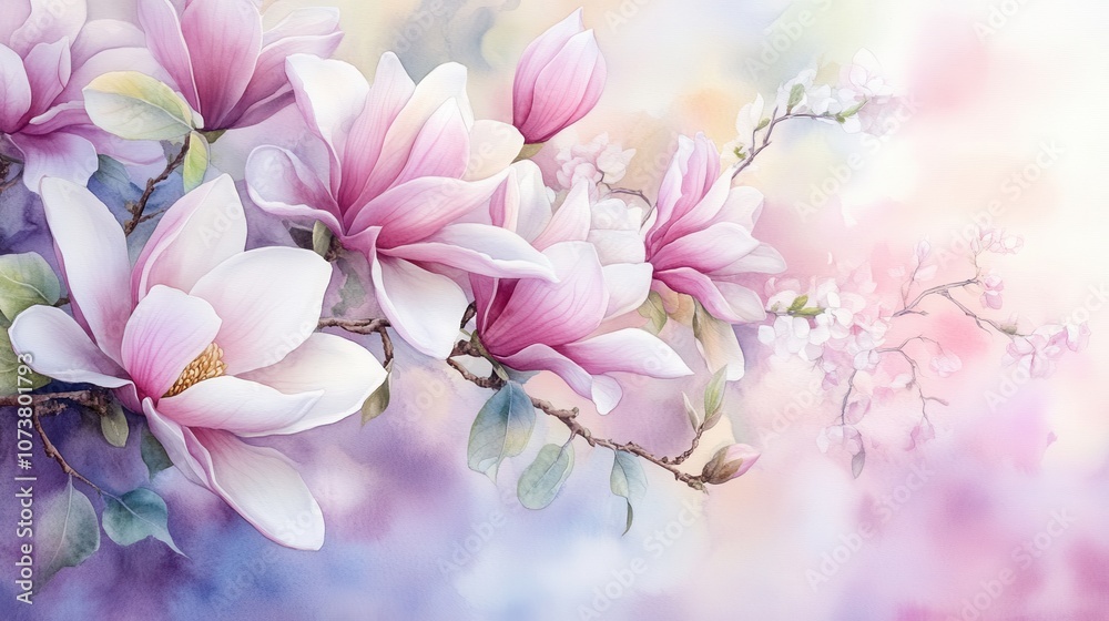 Obraz premium A serene watercolor depiction of delicate pink magnolia flowers, blending softly into a pastel background.