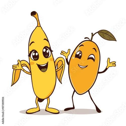 A funny cartoon banana and mango character standing side by side in a playful pose