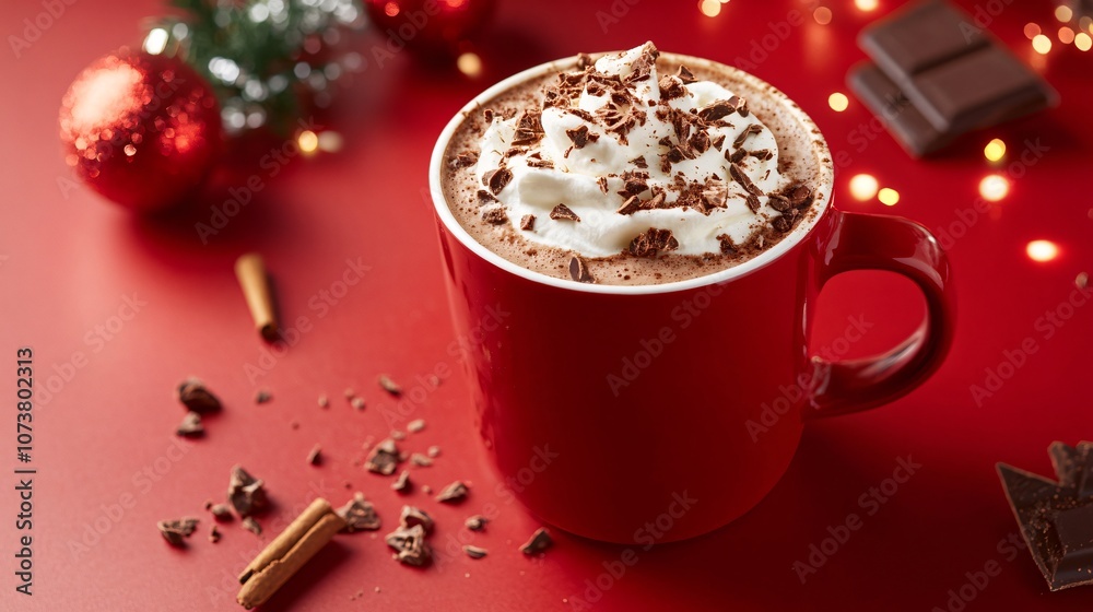 Cup of rich hot chocolate with chocolate shavings, a dollop of cream, and sprinkled cinnamon on a festive red background Cup of rich hot chocolate with chocolate shavings, a dollop of cream, and sprinkled cinnamon on a festive red background