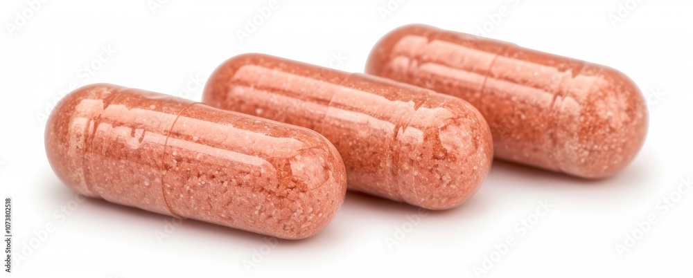 three pink capsules, likely supplements or medication, arranged neatly against a white background. three pink capsules, likely supplements or medication, arranged neatly against a white background.