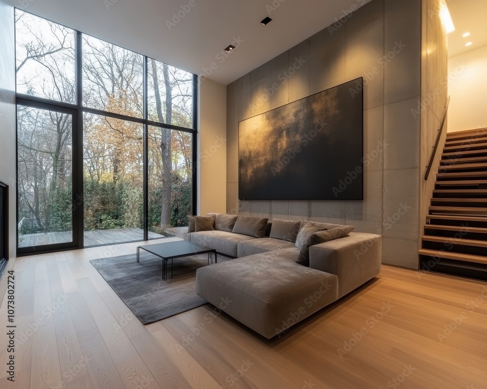 Fototapeta premium A modern living room featuring a large window, minimalist furniture, and a staircase, providing a serene connection to nature outside.