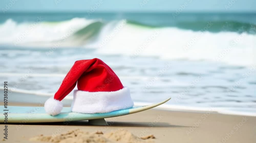The video shows a Santa hat resting on a surfboard, with waves crashing onto the shore in the background, creating a festive yet beachy atmosphere. High quality FullHD footage The video shows a Santa hat resting on a surfboard, with waves crashing onto the shore in the background, creating a festive yet beachy atmosphere. High quality FullHD footage