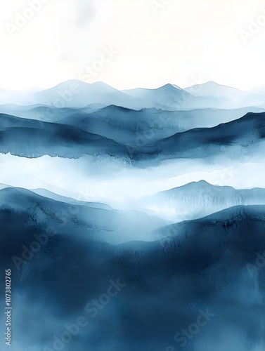 A serene landscape featuring layers of soft blue mountains, fading into the mist. The tranquil scene evokes a sense of calm and peacefulness.